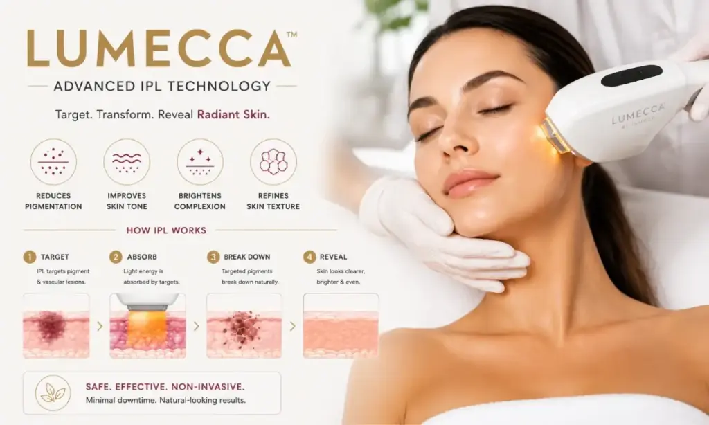 Woman receiving a Lumecca IPL skin treatment at Maeve AESTHETICS for pigmentation and sun damage